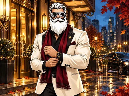Rizzmas adjusting his cuff in an ivory dinner jacket and burgundy scarf outside a city hotel among autumn leaves.