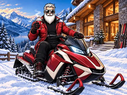 Rizzmas holding hot chocolate on a red snowmobile outside a snowy alpine chalet overlooking a mountain lake.