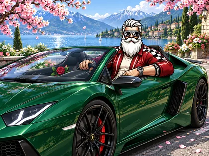 Rizzmas in a red racing jacket at the wheel of an emerald convertible beside a blossom-lined alpine lake.